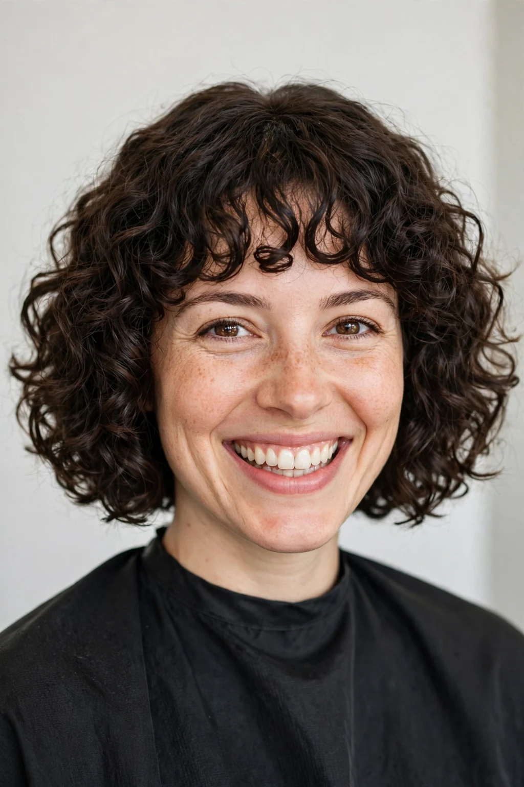 Woman with curly bob and bangs, bouncy defined curls with fringe, joyful light.