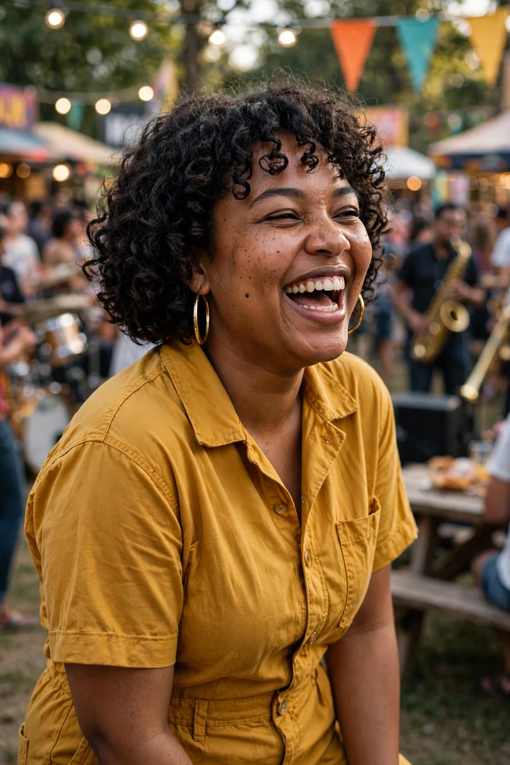 Young woman with a curly bob with curly bangs hairstyle, springy and gloriously voluminous.