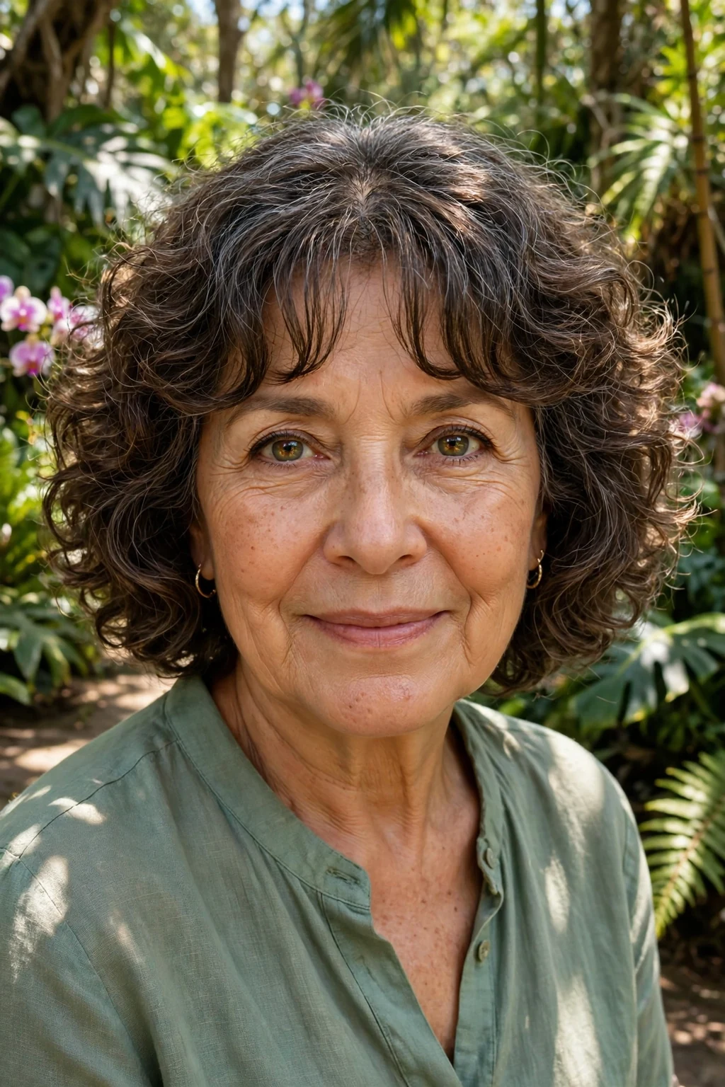 A woman in her mid-60s with a curly bob and curtain bangs, wearing a sage-green blouse in a botanical garden.