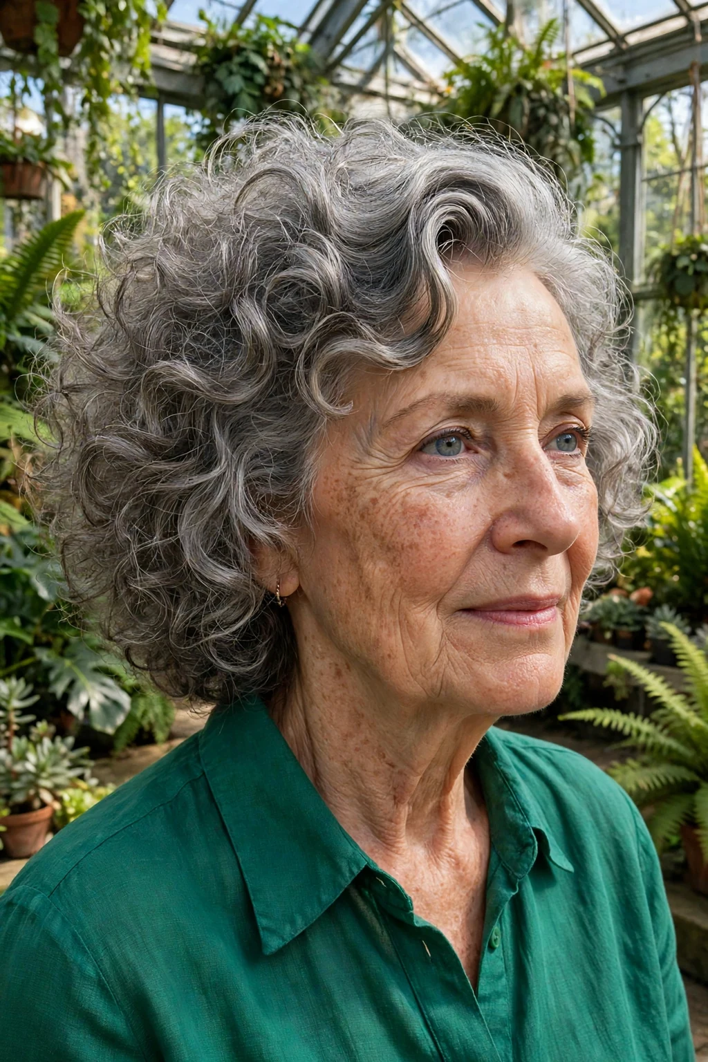 A woman in her early 70s with a curly bob and deep side part, wearing an emerald-green blouse in a garden conservatory.