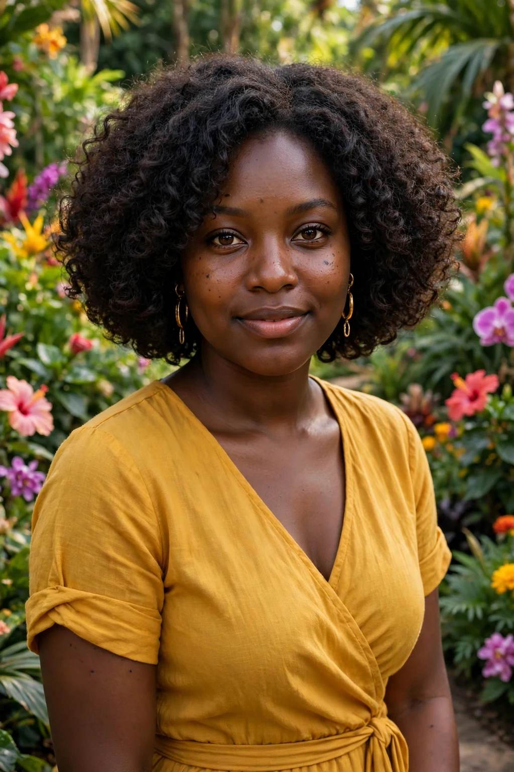 Young Black woman with a voluminous curly bob in a botanical garden in a yellow dress.