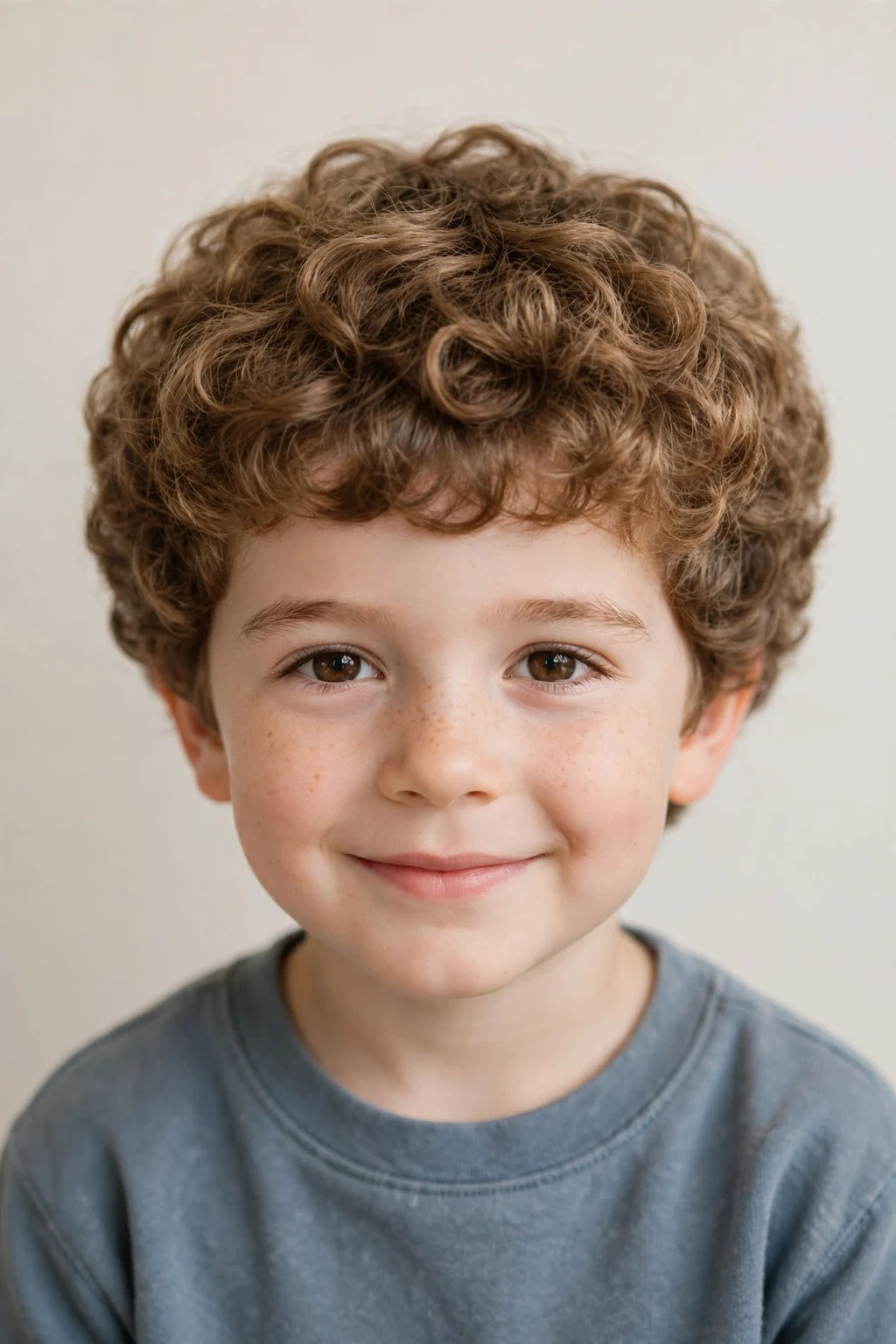Cute boy with a curly bowl cut, rounded shape with soft curls, modern textured ends.