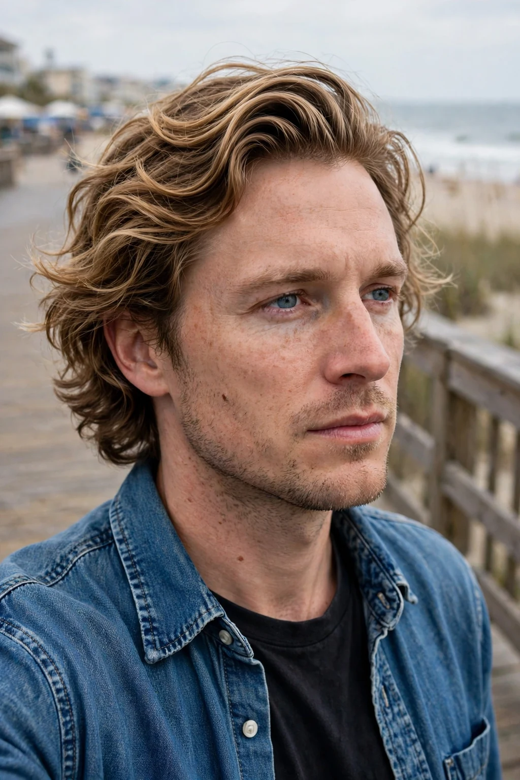 A man with a long curly bro flow, his waves swept back naturally in a relaxed style.