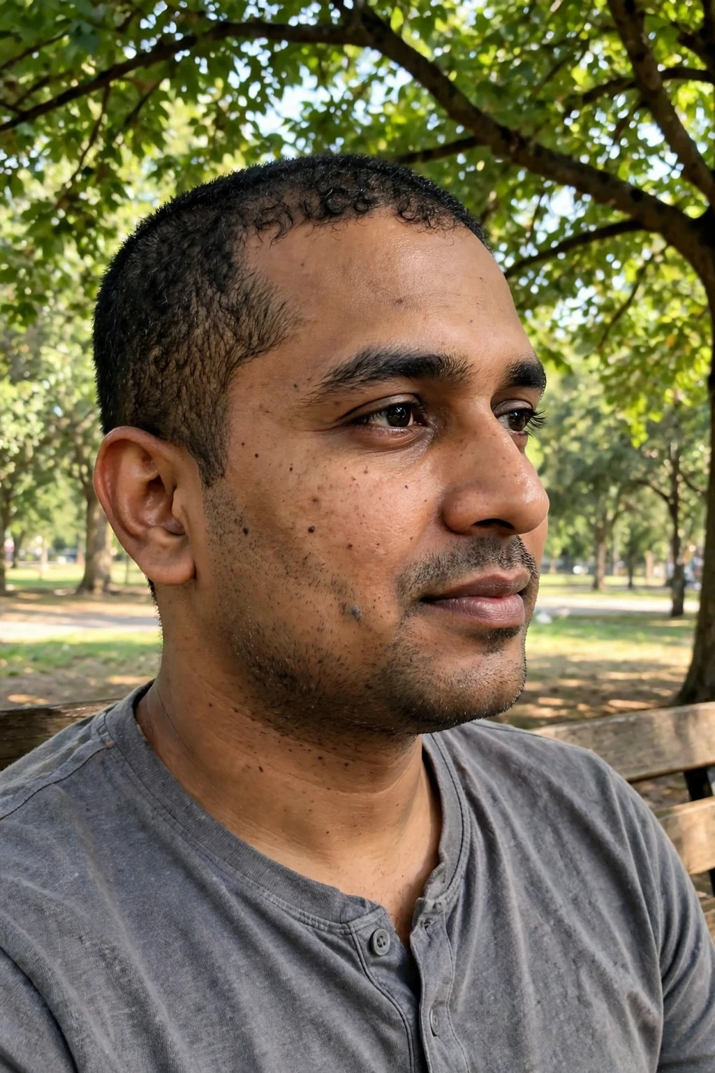 A man with a curly buzz cut, very short curls showing a soft textured shadow across his head.