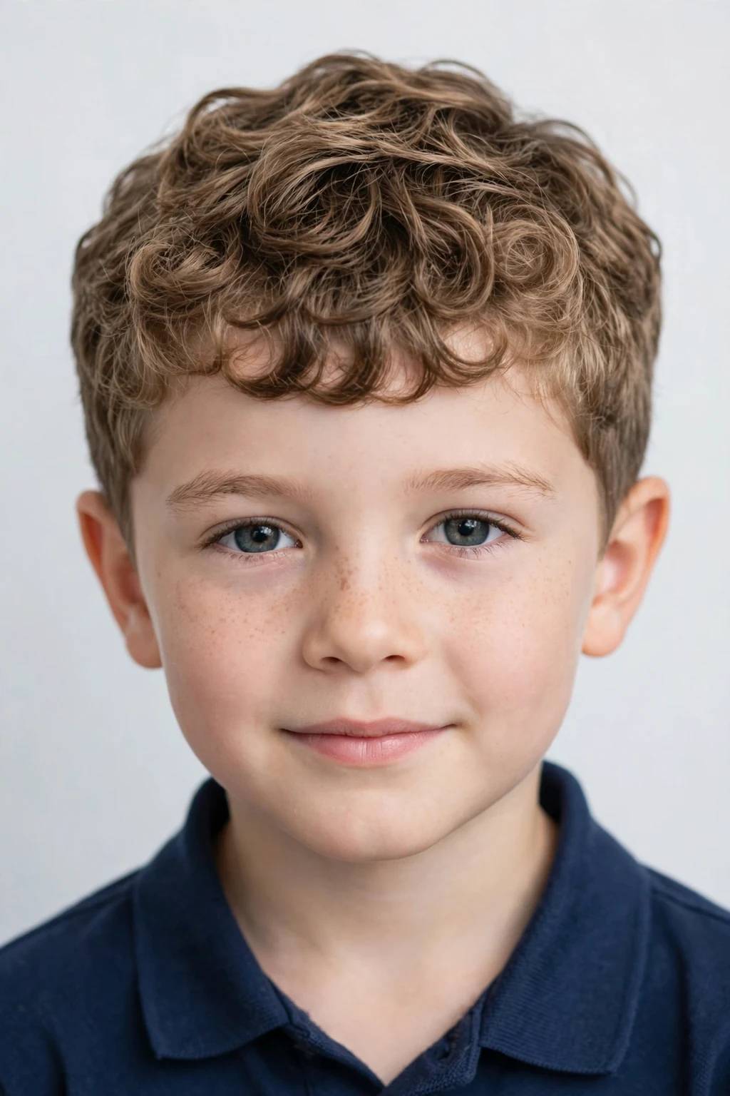 Neat boy with a curly caesar cut, short curls with a forward fringe, tidy finish, studio light.