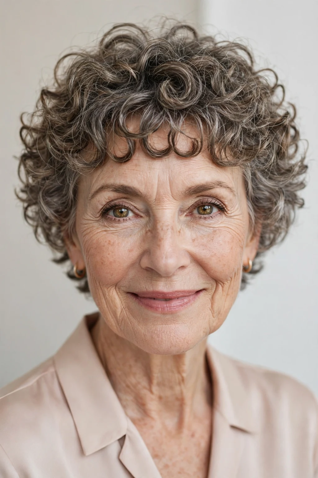 Elegant woman over 60 with curly cut and bangs, playful curly fringe, chic light.