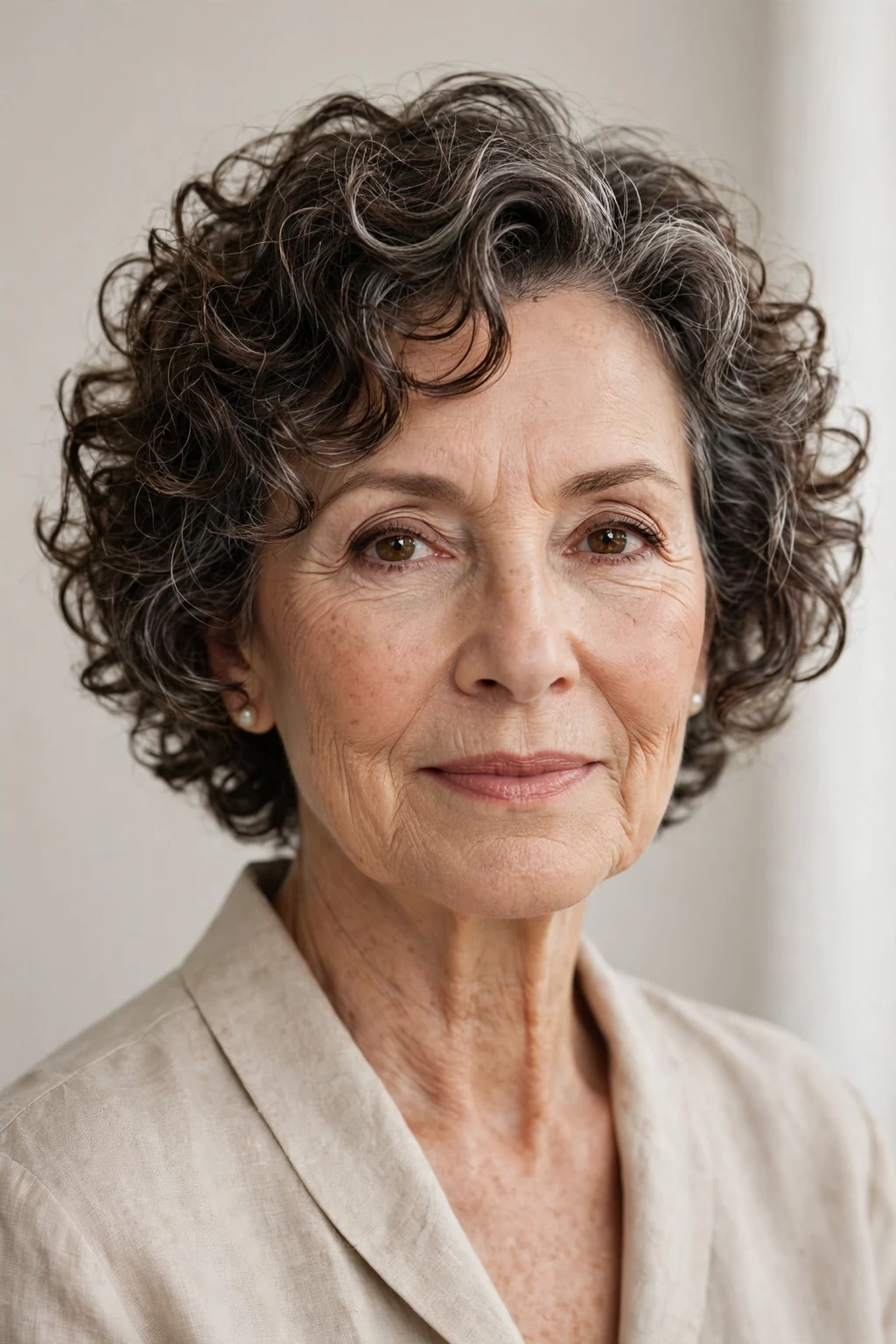 Elegant woman over 60 with face-framing curly cut, contouring curl pieces, flattering light.