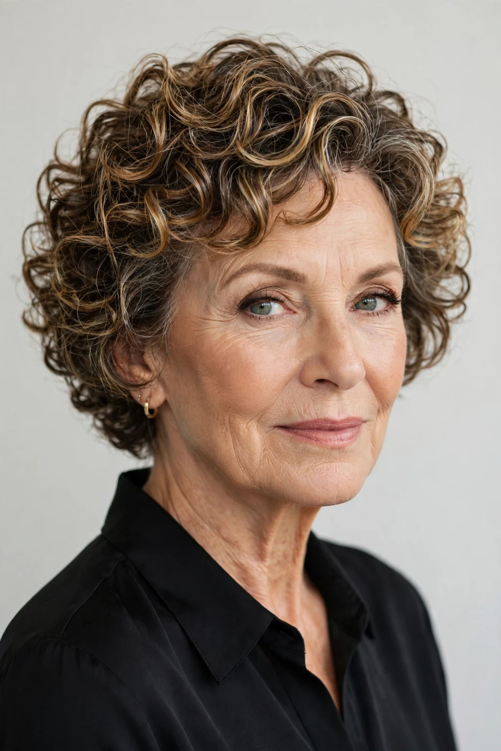Elegant woman over 60 with highlighted curly cut, dimensional radiant curls, luminous light.