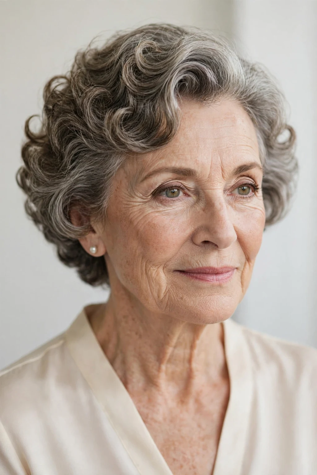 Elegant woman over 60 with side-part curly cut, elegant swept curls, refined light.