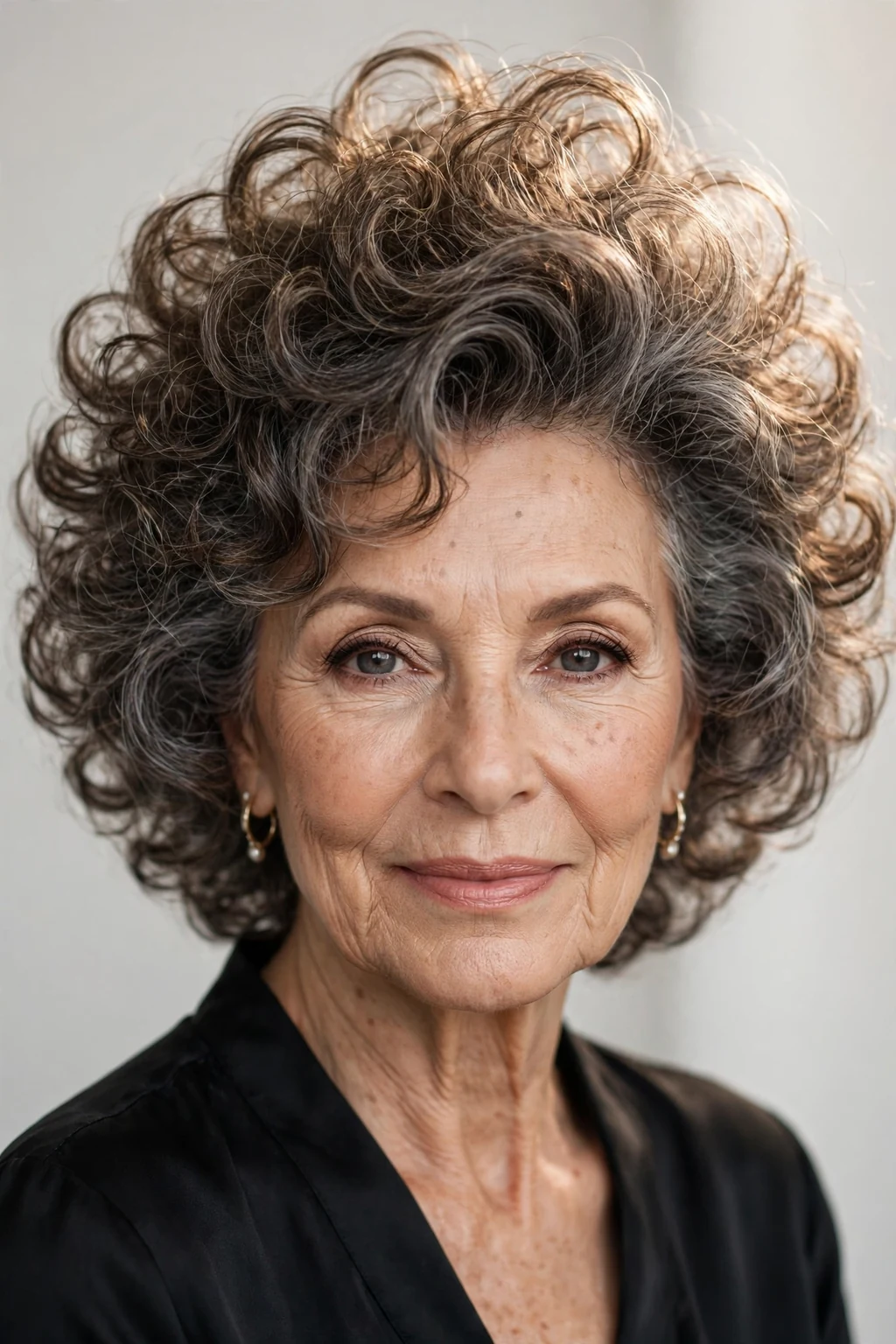 Elegant woman over 60 with voluminous crown curls, lifted bouncy top, glamorous light.