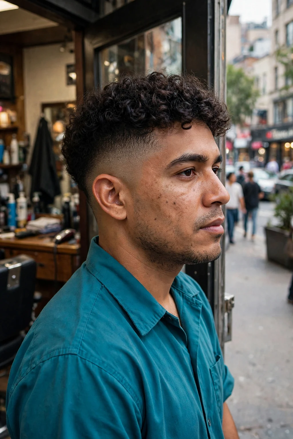 A man with a curly drop fade, his curls on top with a fade that drops low behind the ears.