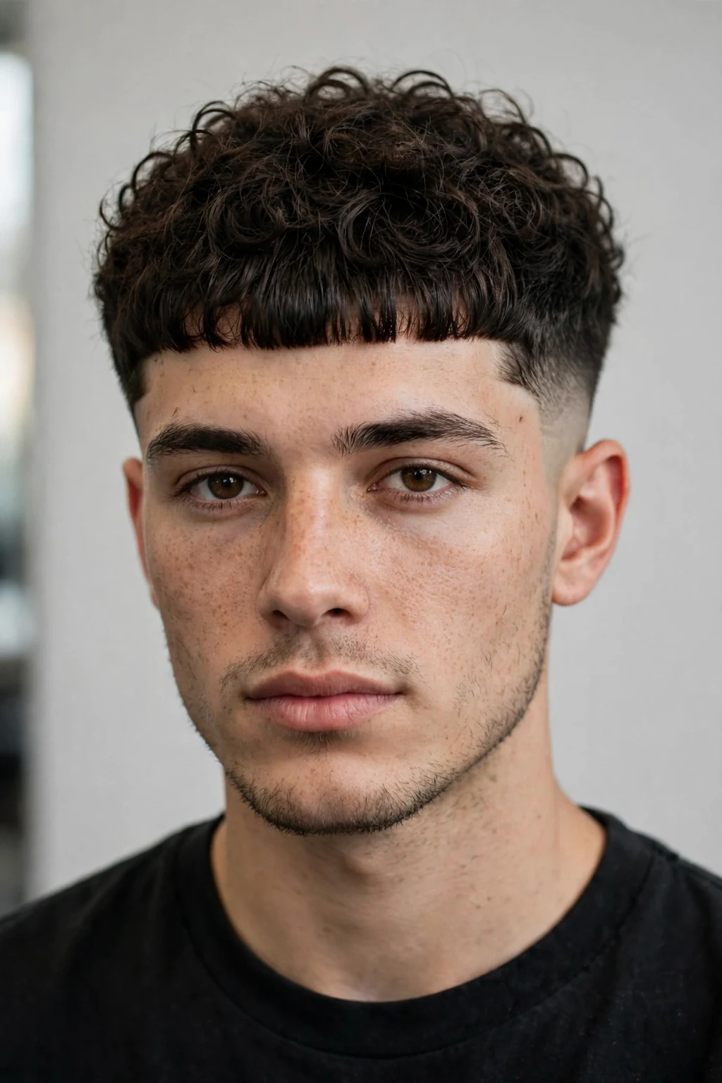 Man with curly Edgar cut, natural curls with blunt fringe shape, soft lighting.
