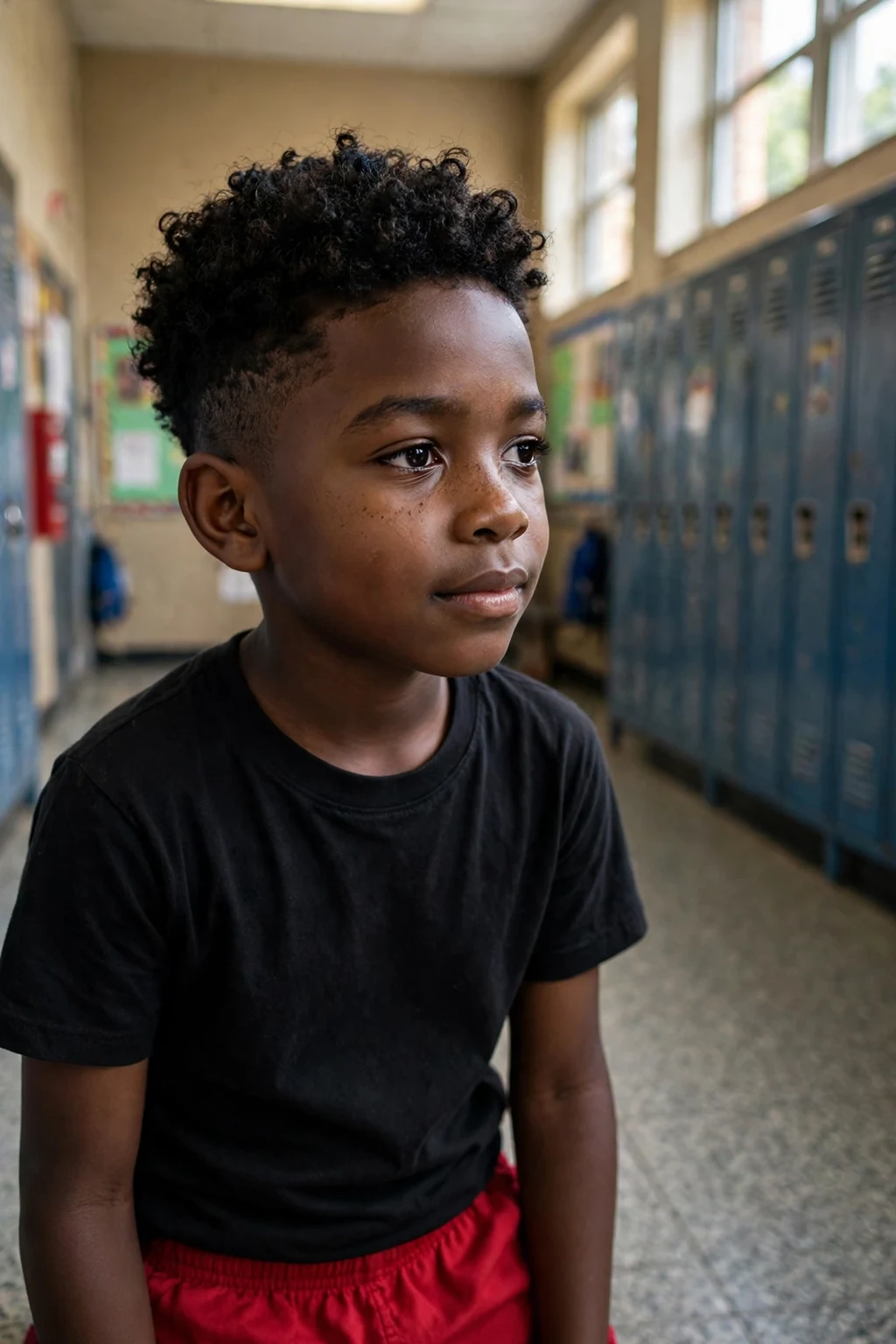 A schoolboy with a curly fade haircut in a school hallway.
