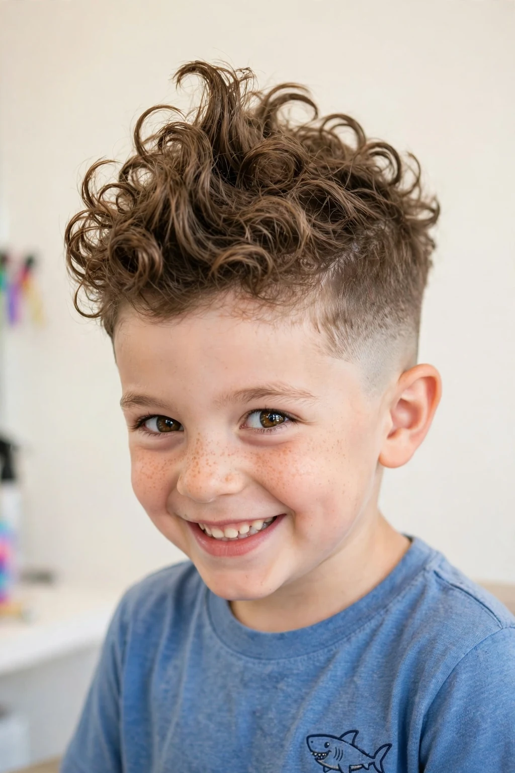 Playful boy with a curly faux hawk, curls swept up in the center, faded sides, fun lighting.