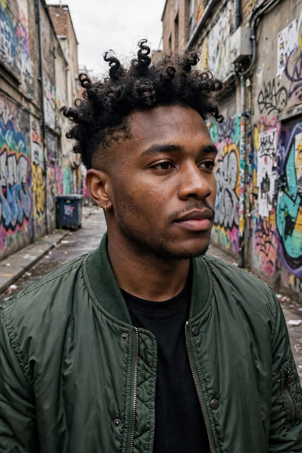 A man with a curly faux hawk, his curls spiked up along the centre with faded sides.