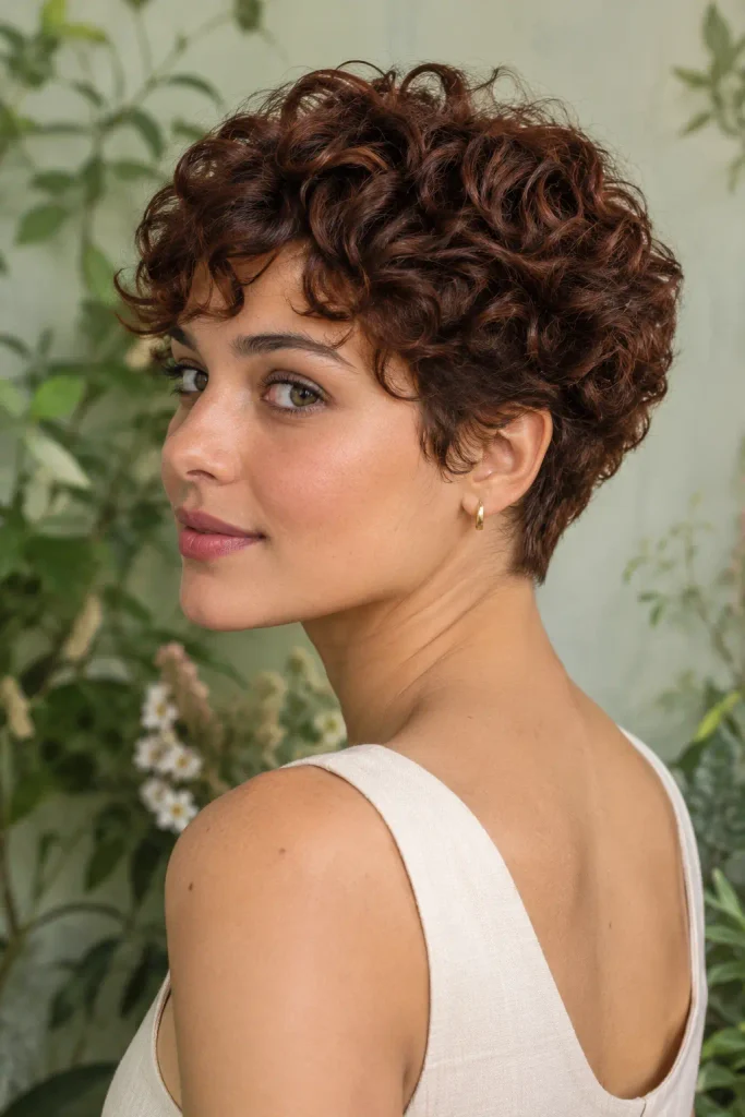 Feminine Pixie Haircuts with naturally defined curls and a softly tapered nape
