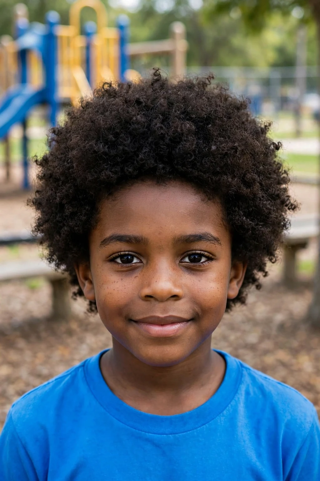 A young boy with a curly fro haircut, a full rounded shape of defined curls, at a playground wearing a bright blue T-shirt.