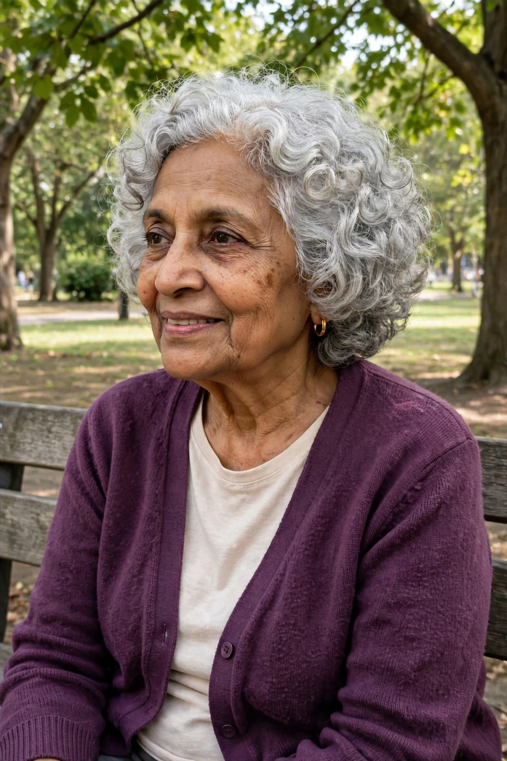 A mature woman in her seventies with a curly silver bob, wearing a plum cardigan in a park.