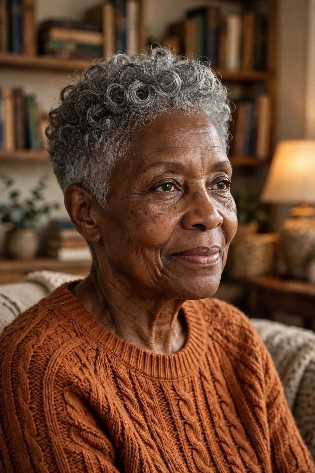 A woman in her early 70s with a curly gray pixie cut, wearing a rust-colored sweater in a cozy living room.