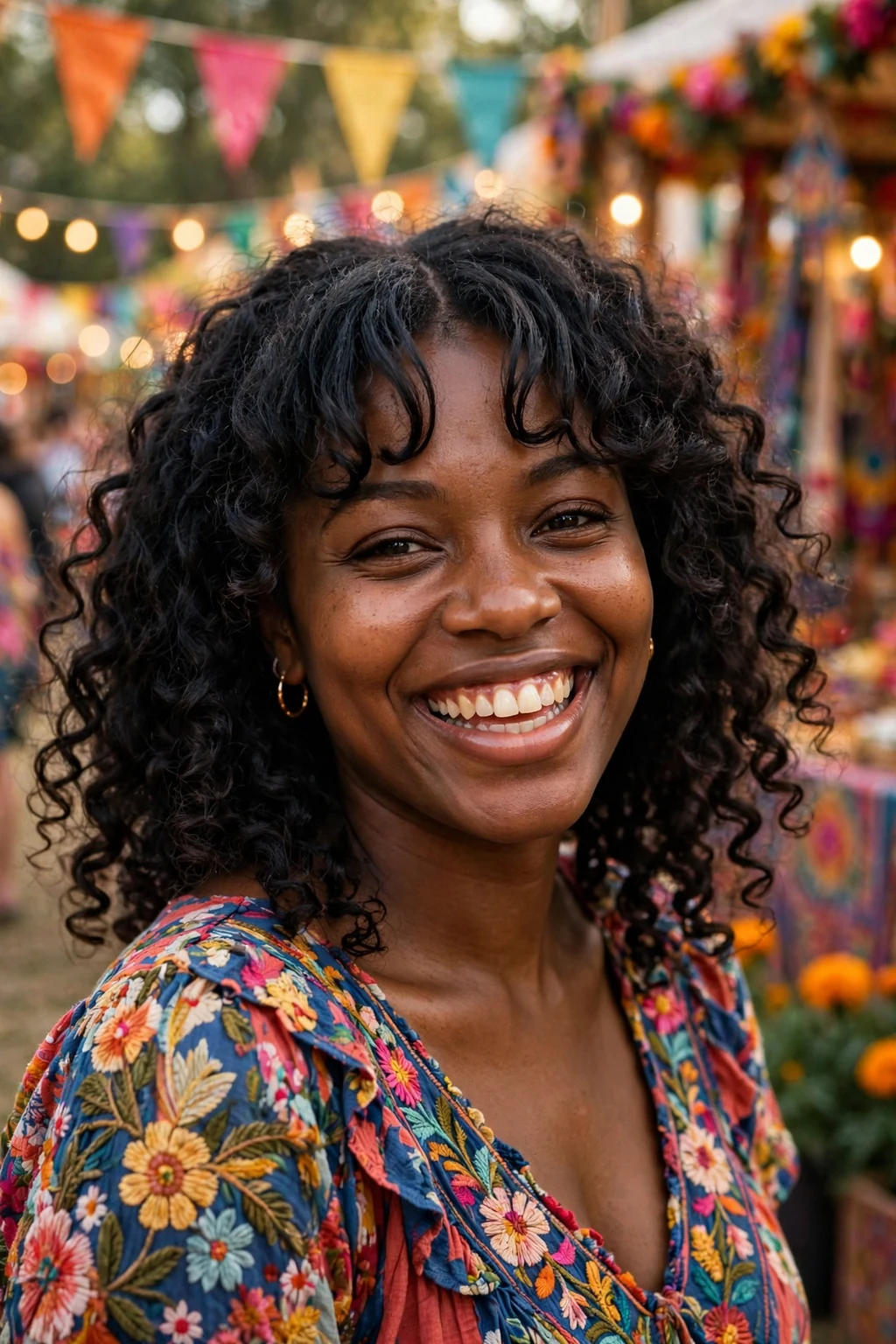 Beautiful woman with curtain bangs and curls, bouncy curls with curtain bangs, vibrant light.
