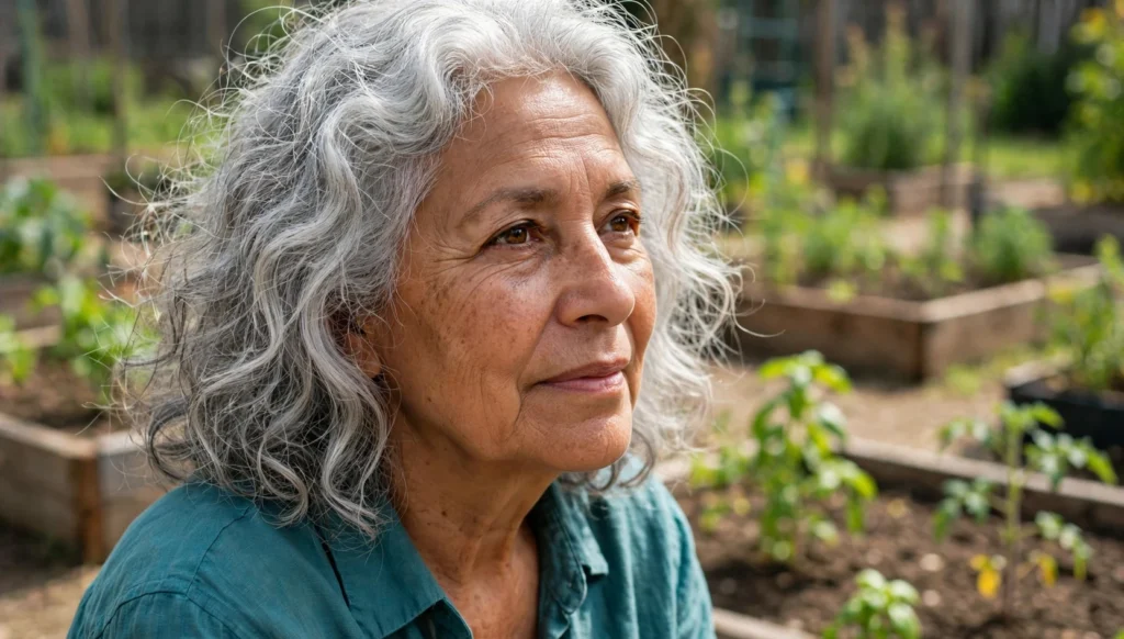 Woman in her late 60s with voluminous silver curls, seen in three-quarter view in a sunny community garden.