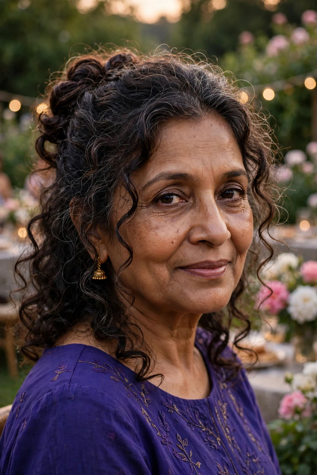 A woman in her late 60s with shoulder-length curls in a half-up twist, wearing a royal-purple dress at a garden party.