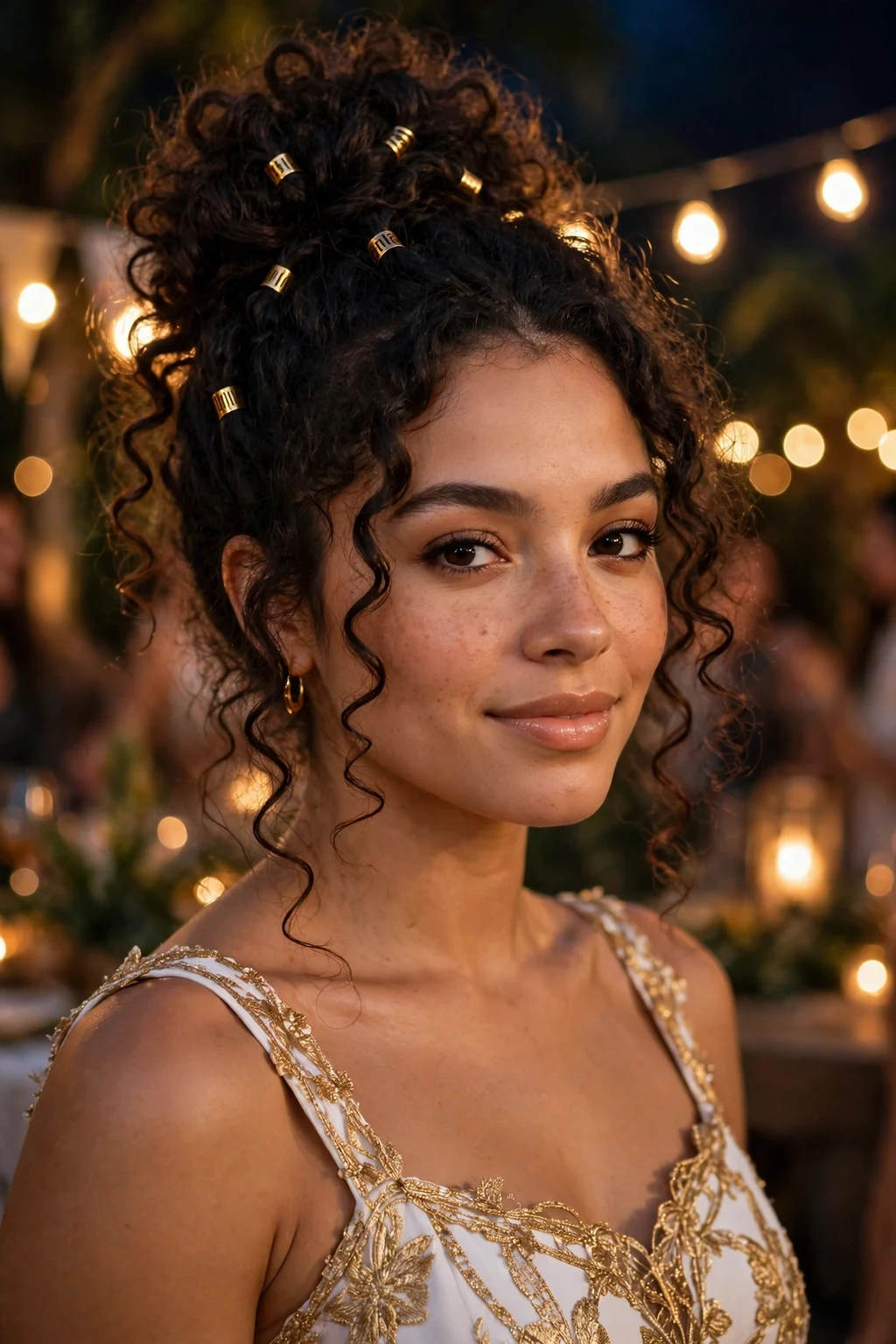 Young woman with a curly high bun decorated with gold cuffs, wearing a white and gold dress.