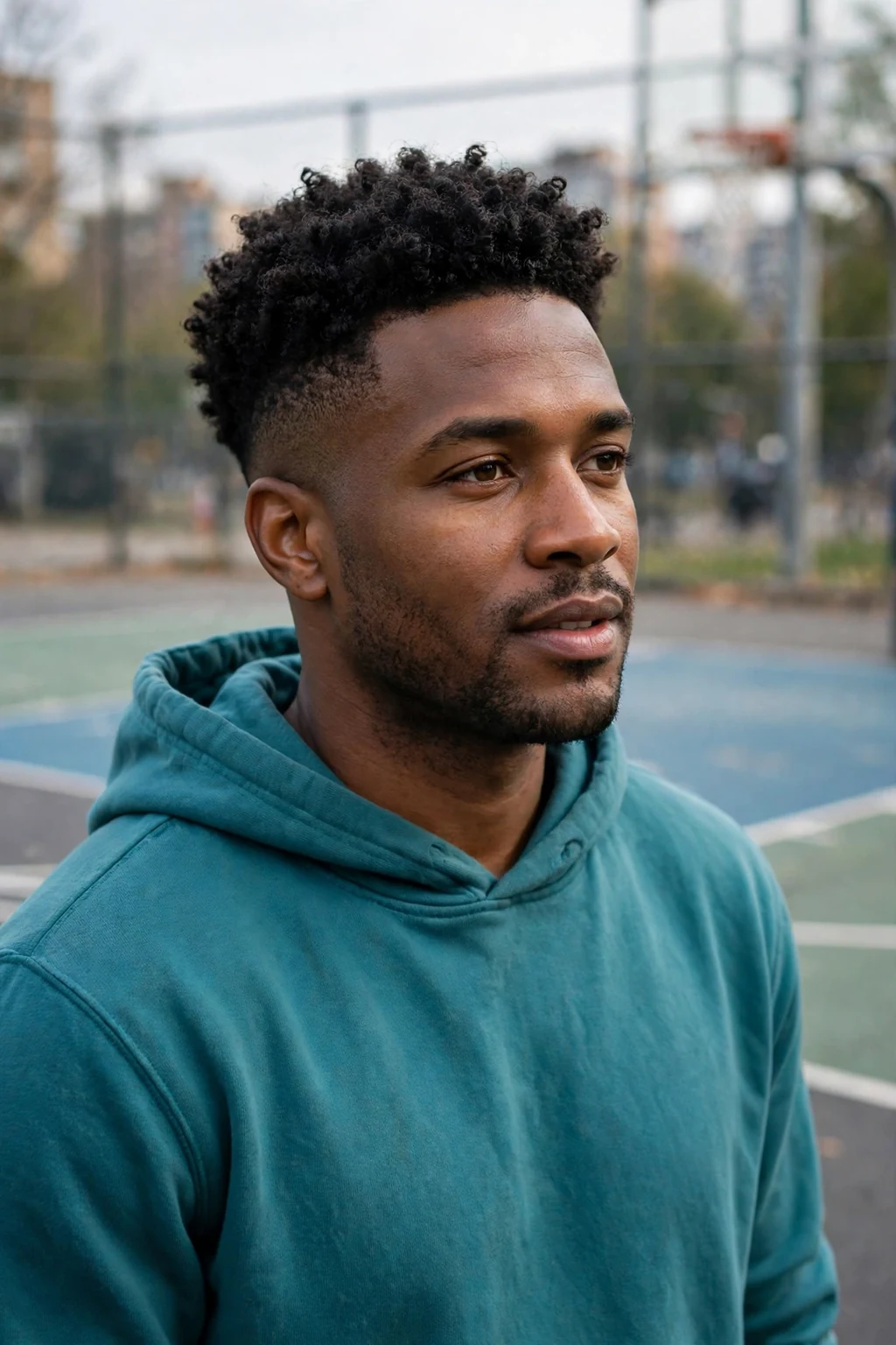Young man with a curly high fade for thick hair, wearing a teal hoodie on a basketball court.