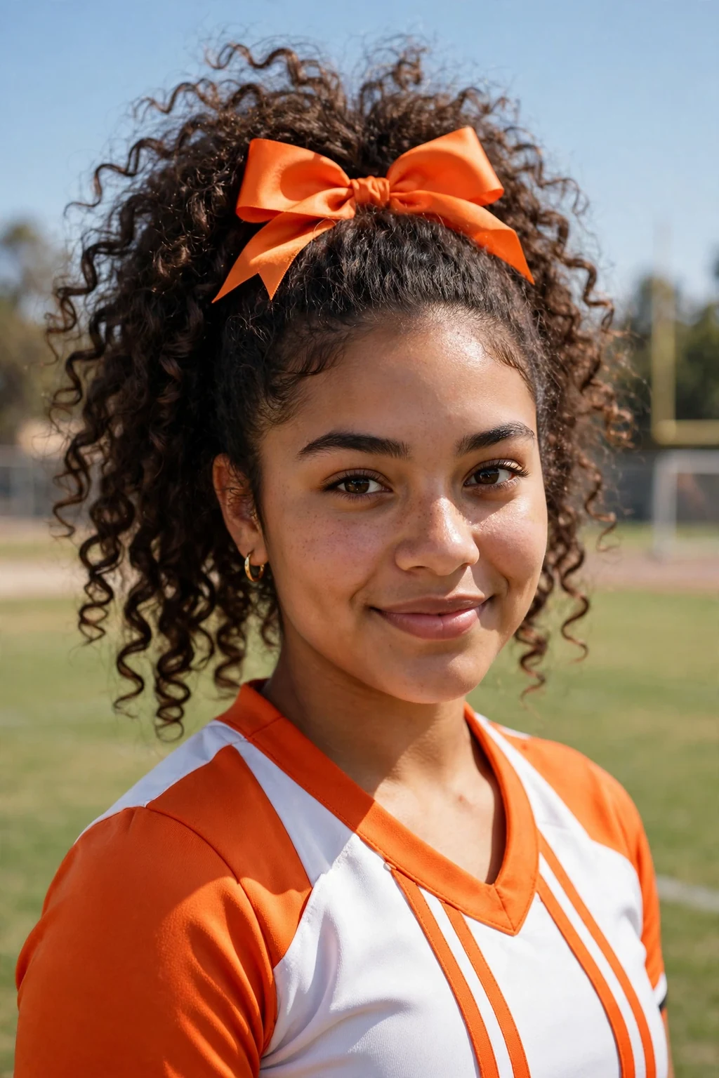 Young cheerleader with a voluminous curly high ponytail and an orange bow, outdoors on a sunny field.