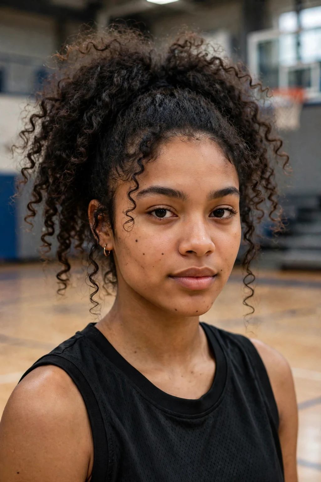 Young woman athlete with a curly high ponytail, wearing a black jersey.