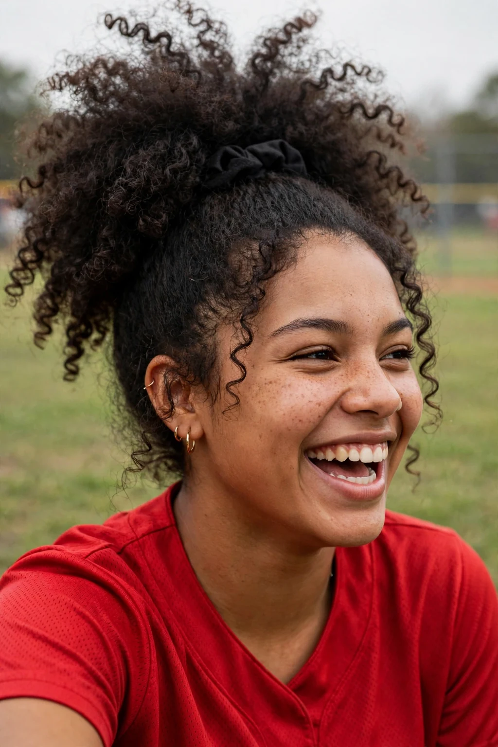 Young softball player with a curly high puff ponytail, laughing on the field.