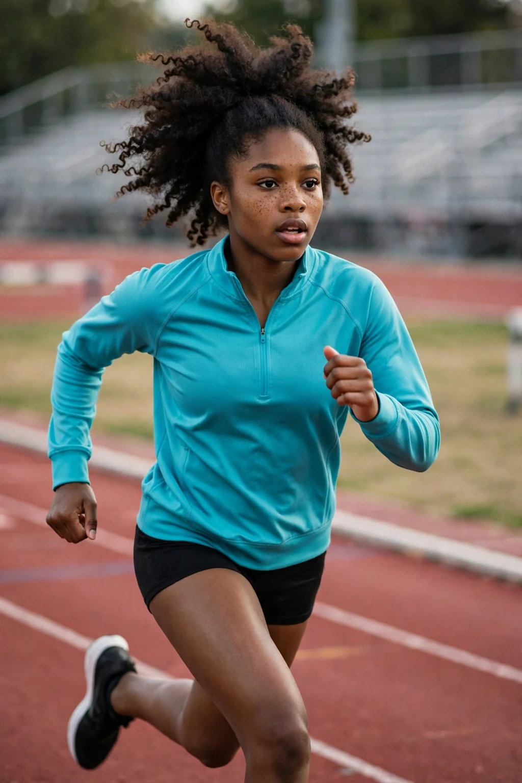 A young woman athlete with a curly high puff on a track.
