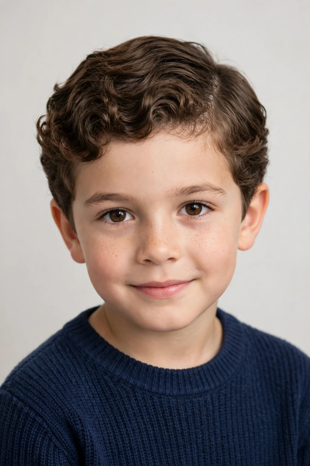 Smart boy with a curly ivy league cut, neat side part with short curls, polished lighting.