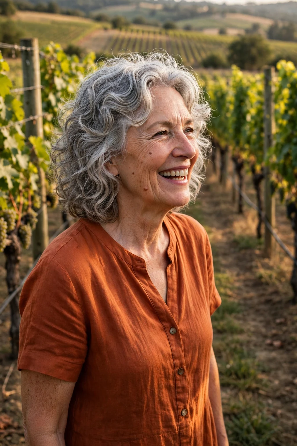 Mature Caucasian woman in her late sixties with a curly layered haircut, wearing a rust-orange dress in a vineyard.