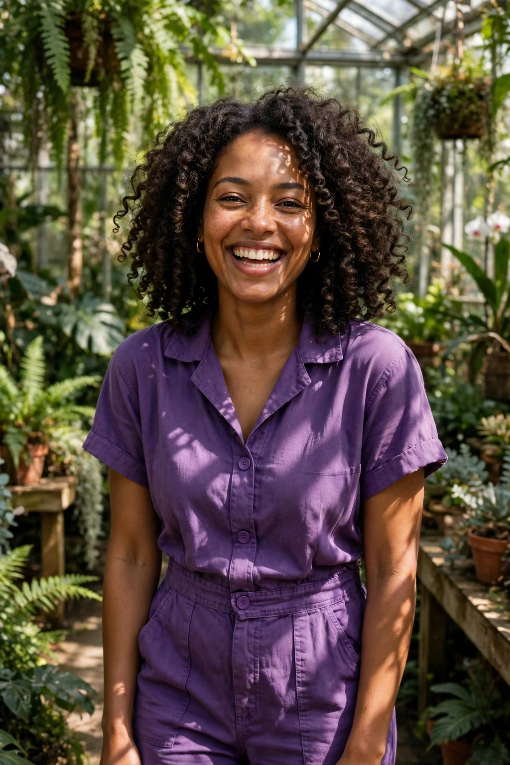 Young woman with curly medium layers, standing in a botanical garden wearing a purple jumpsuit.