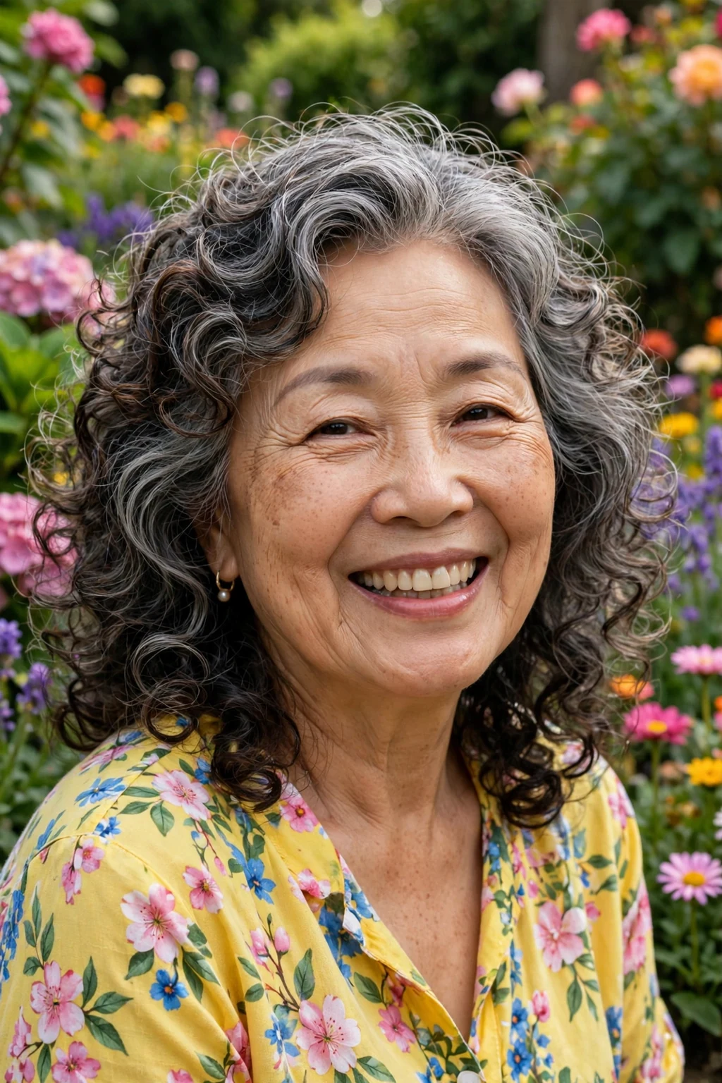 Beautiful older woman with curly layers, bouncy curly layers, joyful light.