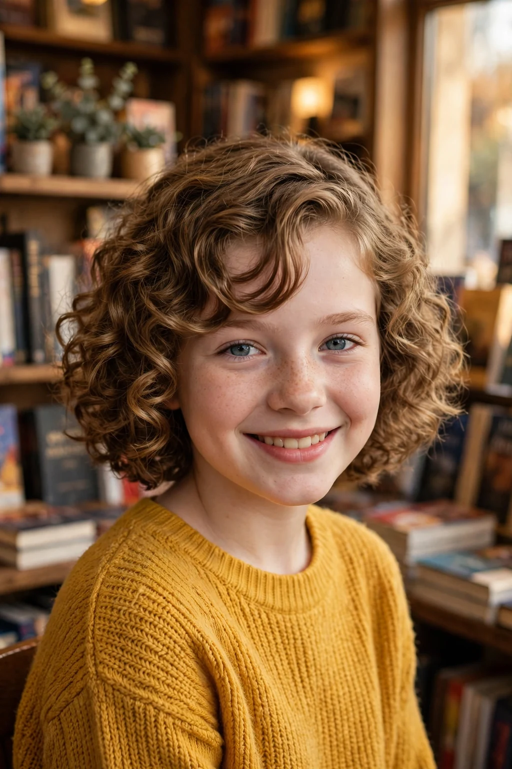 A stylish 11-year-old White girl with a curly lob and side-swept bangs, wearing a mustard sweater in a bookstore.