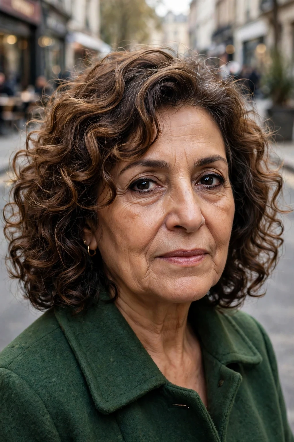 A woman in her mid-60s with a curly lob and face-framing layers, wearing a forest-green coat on a city street.