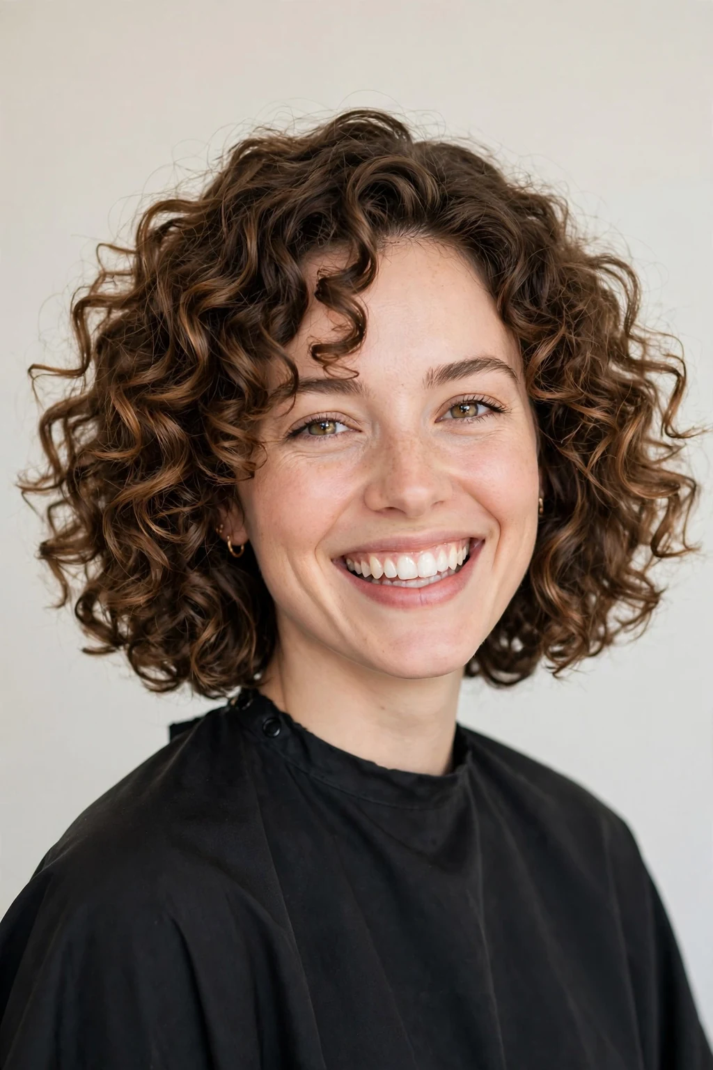 Woman with curly lob, bouncy defined curls, joyful light.