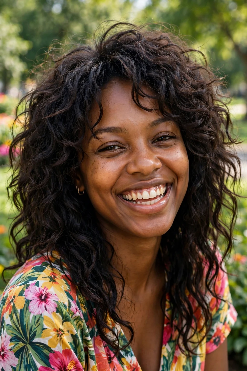 Beautiful woman with curly long shag, bouncy curly long shag, vibrant light.