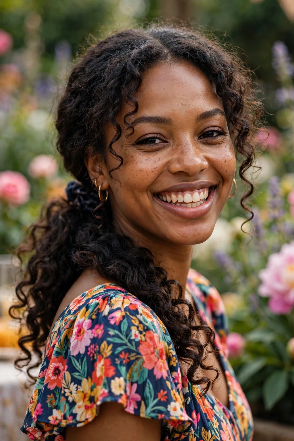 Beautiful woman with low pony with curls, bouncy curly low pony, romantic light.