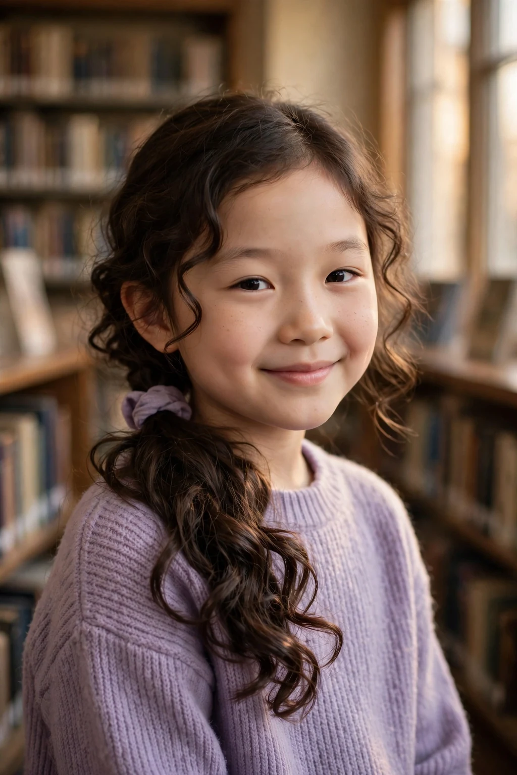 A gentle 8-year-old East Asian girl with a low side ponytail of soft curls, wearing a lavender sweater in a library.
