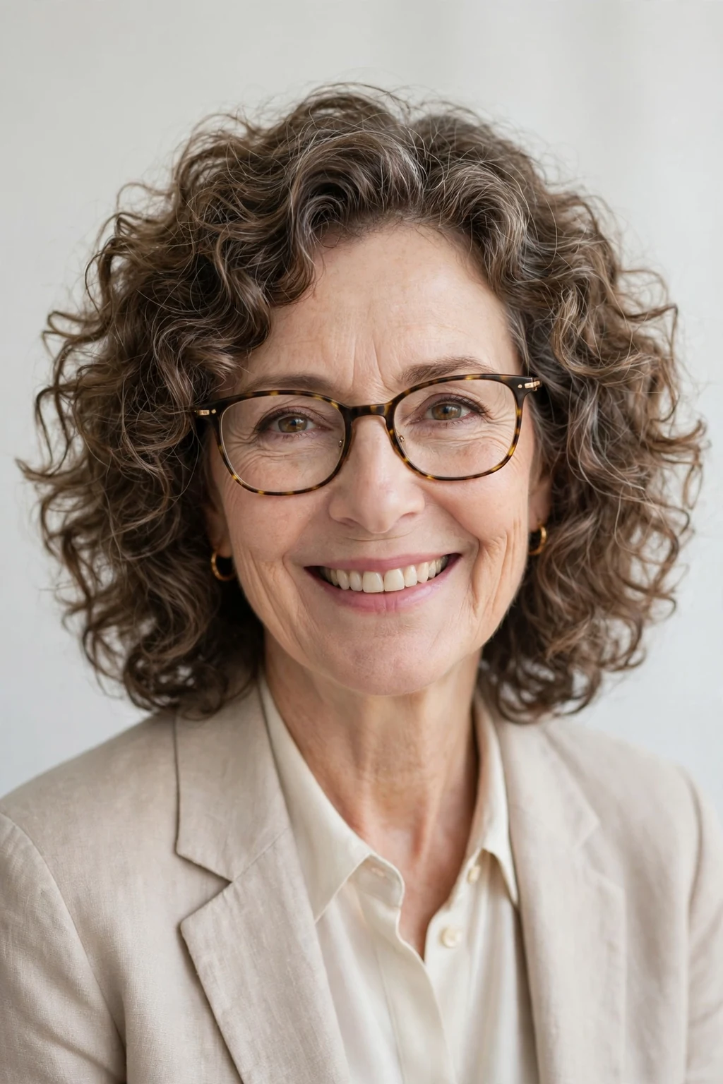 Elegant woman over 50 with glasses and curly medium cut, soft joyful curls, bright light.