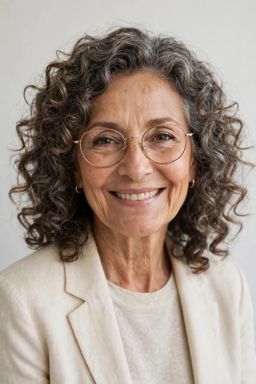 Elegant woman over 60 with glasses and curly medium cut, soft joyful curls, bright light.