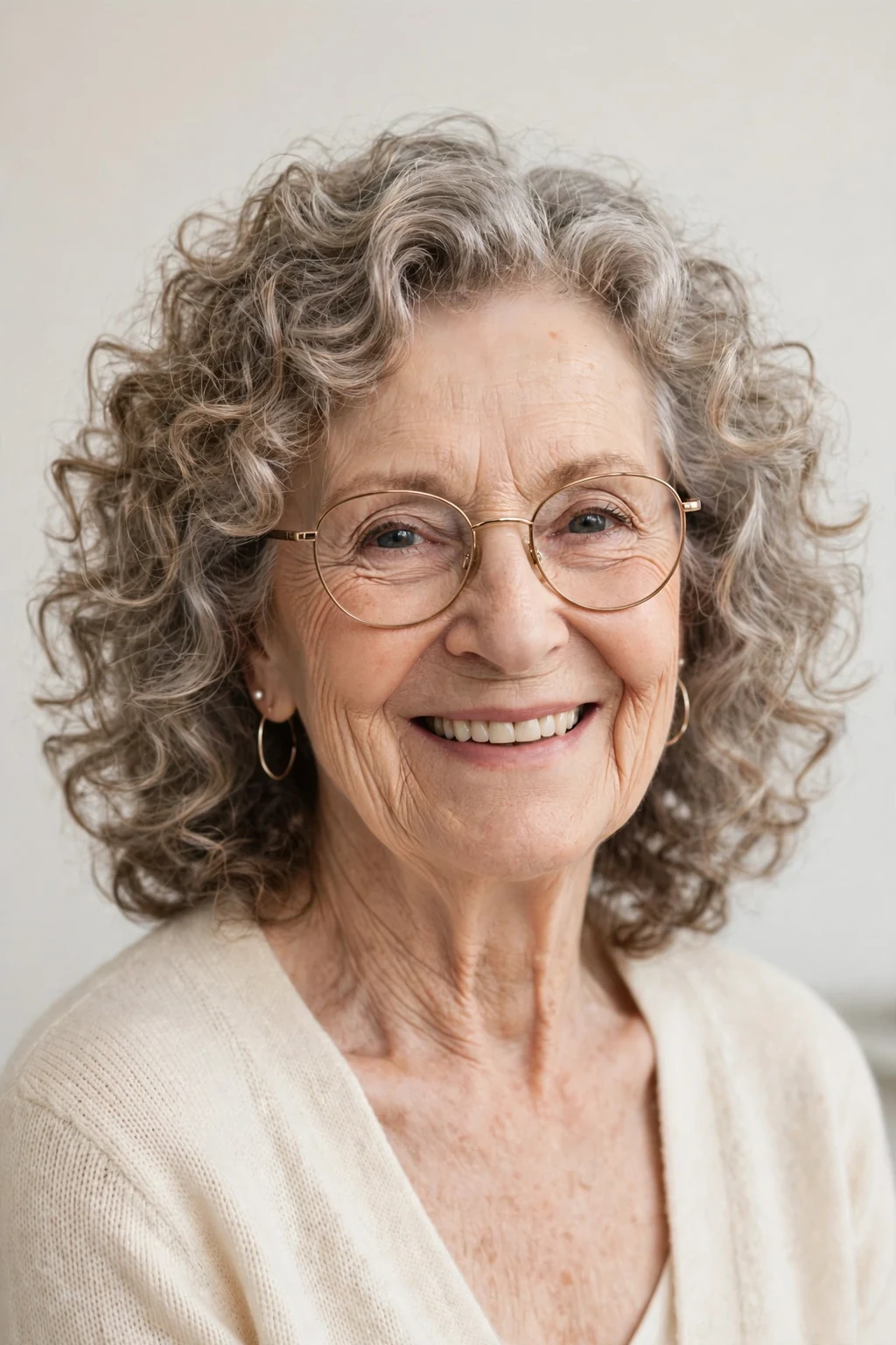 Elegant woman over 70 with glasses and curly medium cut, soft joyful curls, bright light.