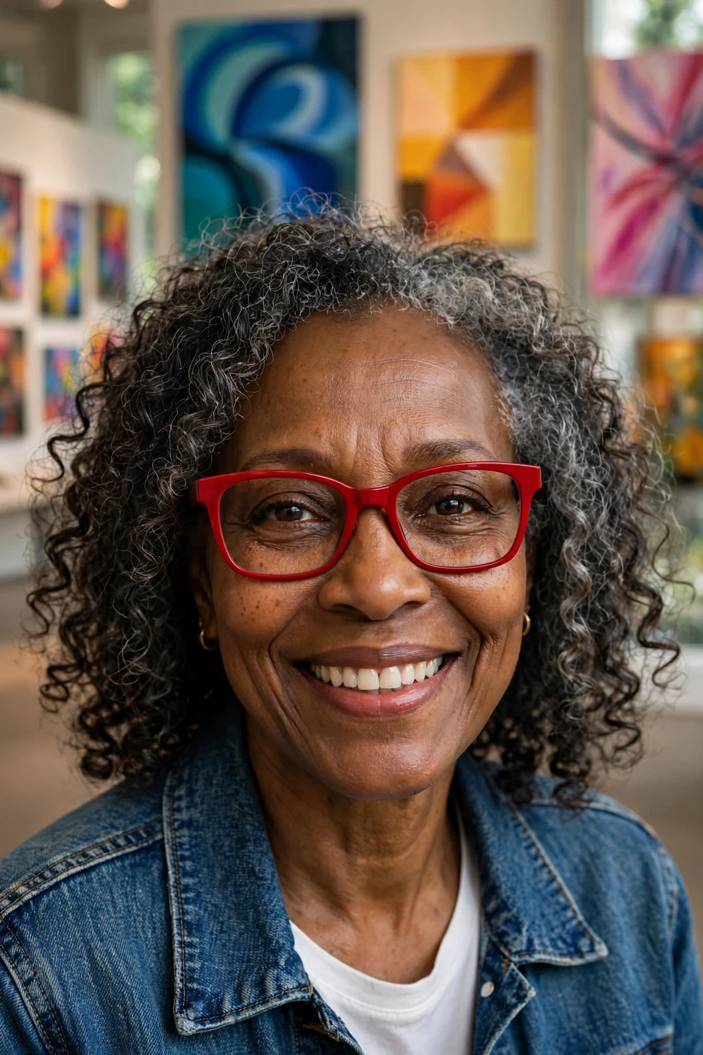 Elegant older woman over 50 with fine hair and glasses and curly medium cut, soft joyful curls, bright light.