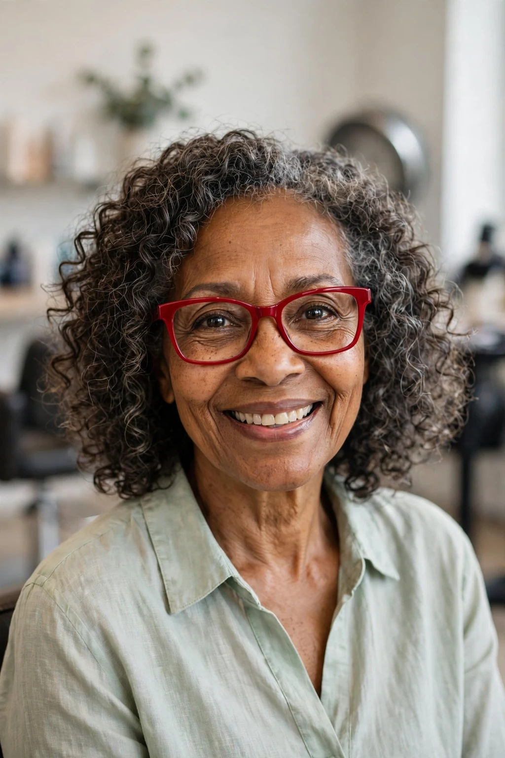 Elegant woman over 60 with fine hair and glasses and curly medium cut, soft joyful curls, bright light.