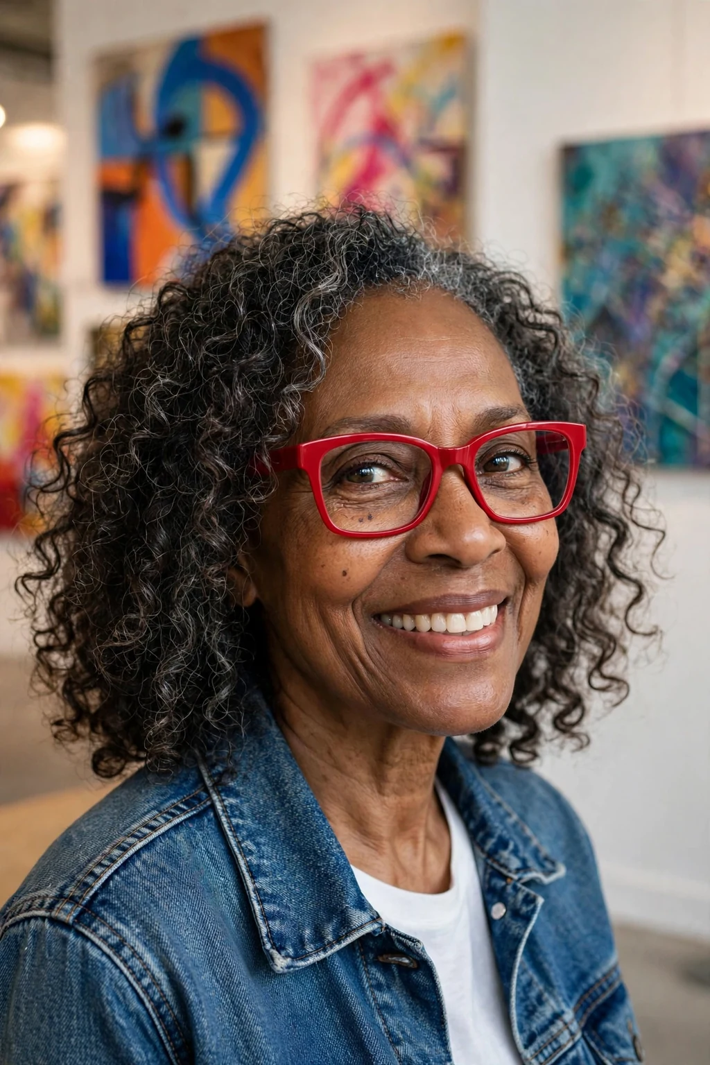 Elegant woman over 60 with fine hair and glasses and curly medium cut, soft joyful curls, bright light.