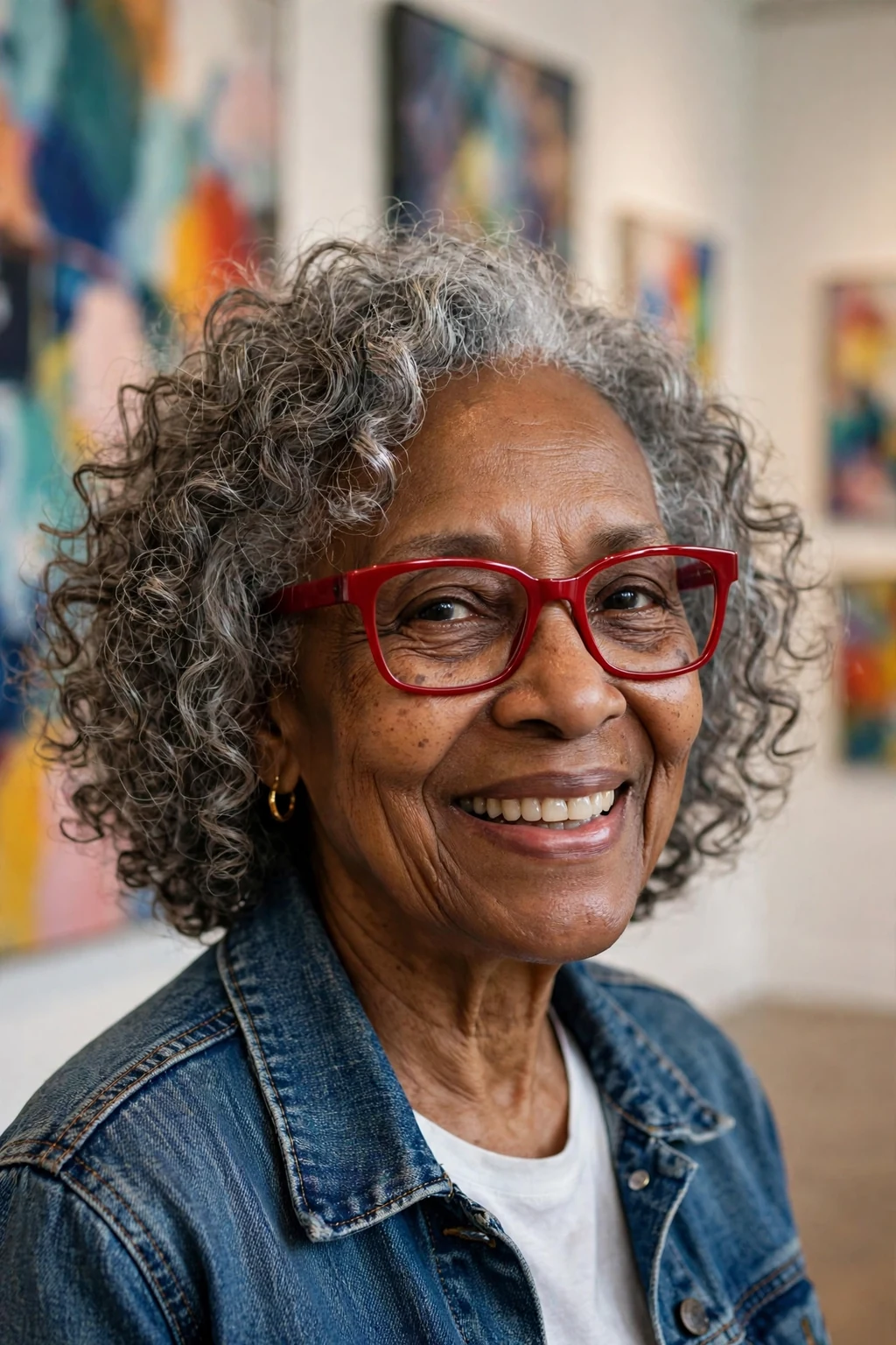 Elegant older woman over 70 with fine hair and glasses and curly medium cut, soft joyful curls, bright light.