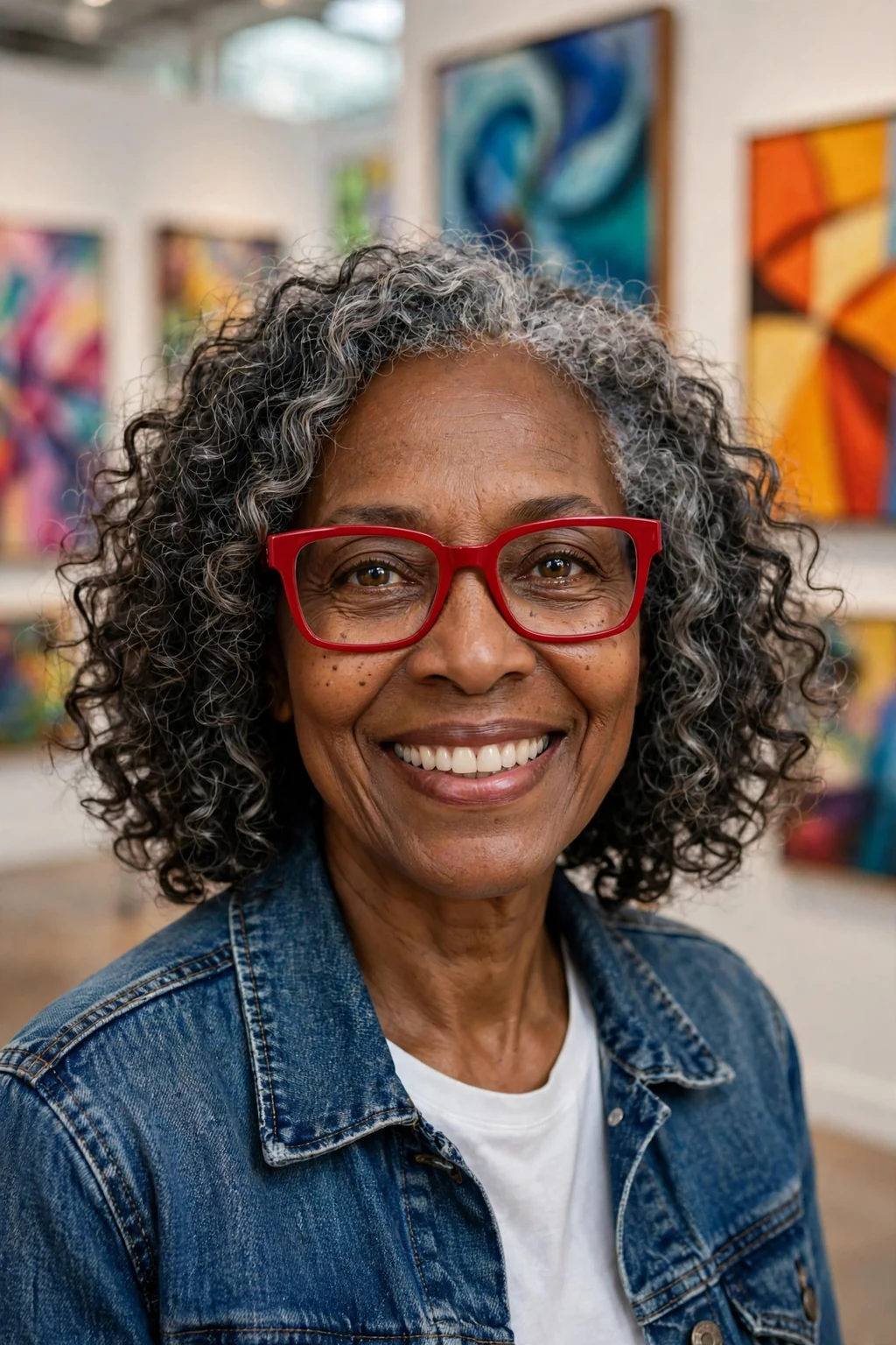 Elegant woman over 60 with fine hair and glasses and curly medium cut, soft joyful curls, bright light.